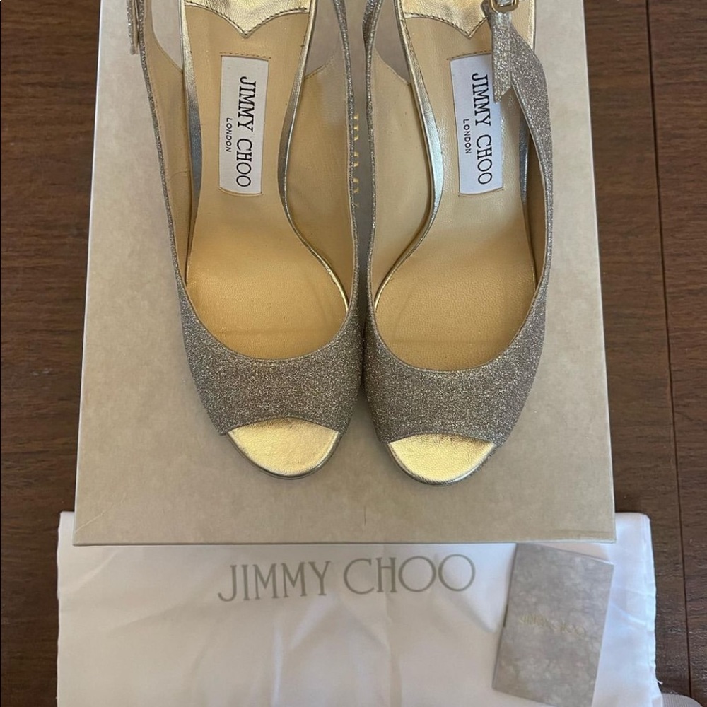 Jimmy Choo Nova Peep-Toe Glitter Leather Slingback Platform Pumps in Platinum